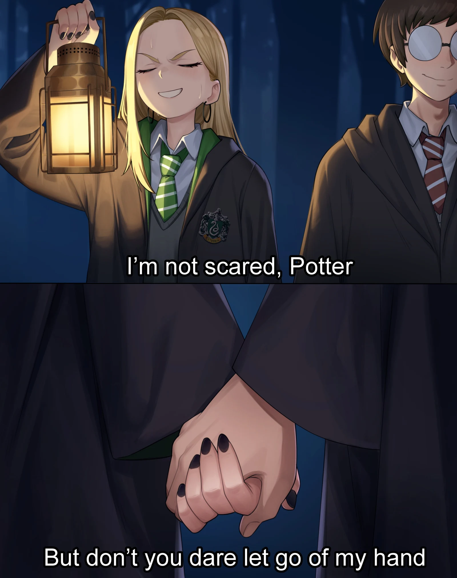 Пост #848: maxvines4, harry_potter_(series), harry_potter_and_the_philosopher's_stone, wizarding_world, harry_potter, malfoid, 1boy, 1girl, black_coat, black_nails, blonde_hair, closed_eyes, coat, dark, diagonal-striped_clothes