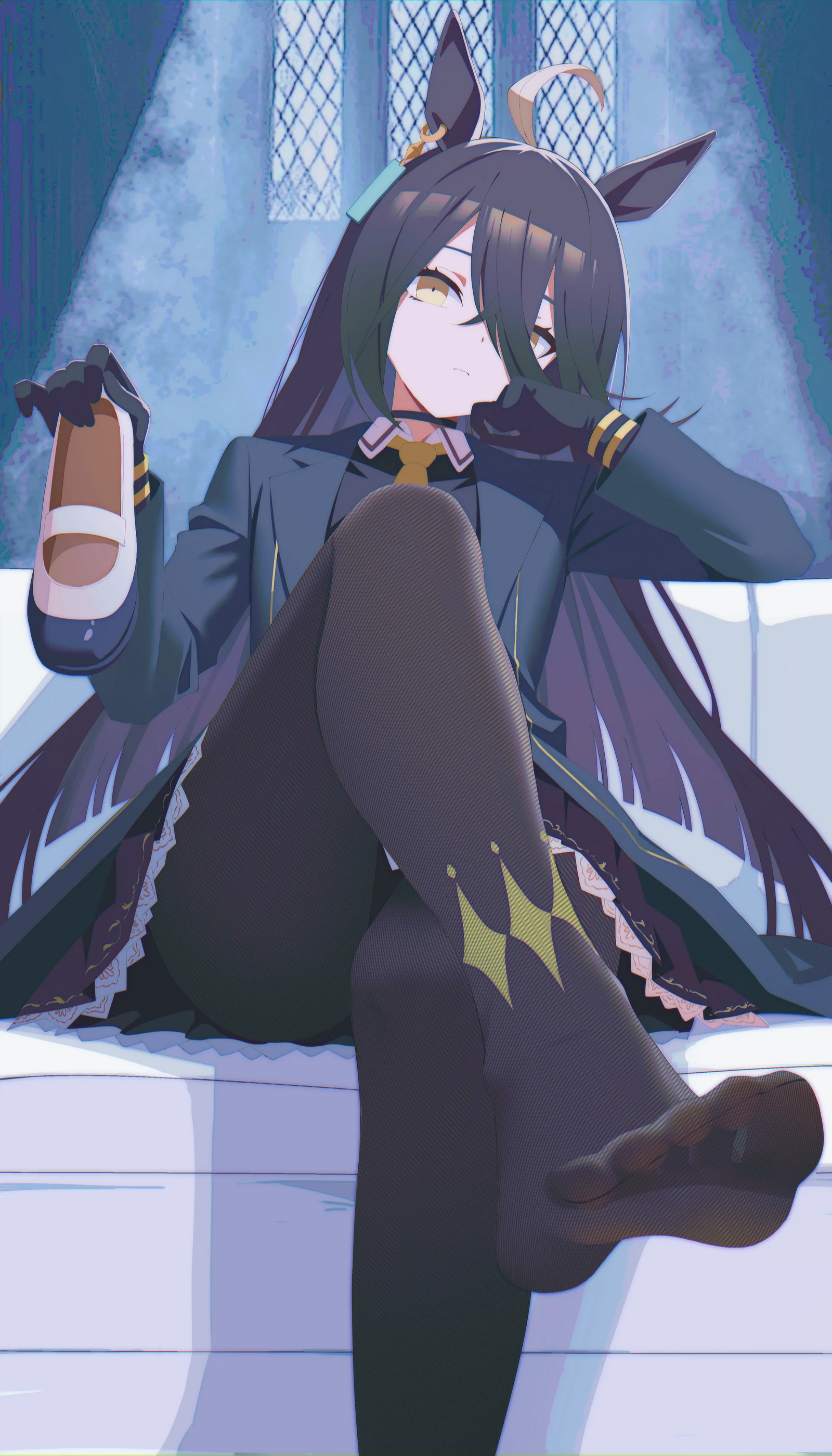Пост #3179: kiratto777, umamusume, manhattan_cafe_(creeping_shadow)_(umamusume), manhattan_cafe_(umamusume), 1girl, ahoge, animal_ears, black_gloves, black_hair, black_jacket, black_pantyhose, gloves, hair_between_eyes, holding, holding_unworn_clothes