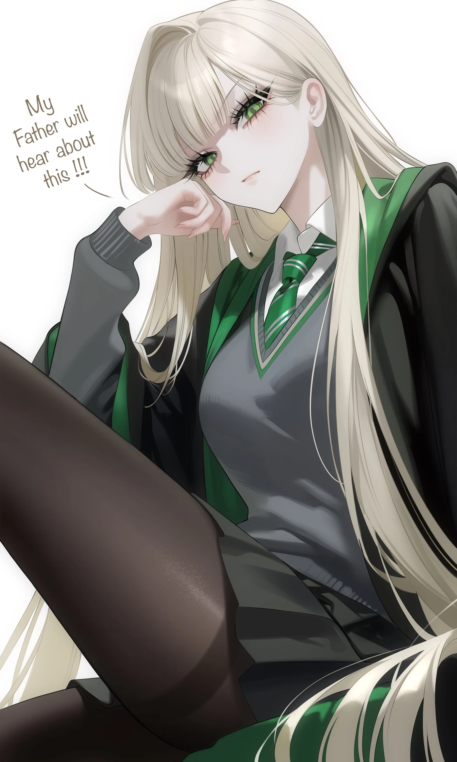 Пост #1154: arisuwu, harry_potter_(series), wizarding_world, malfoid, 1girl, asymmetrical_bangs, black_cloak, black_pantyhose, black_skirt, blonde_hair, blunt_bangs, breasts, cloak, closed_mouth, collared_shirt