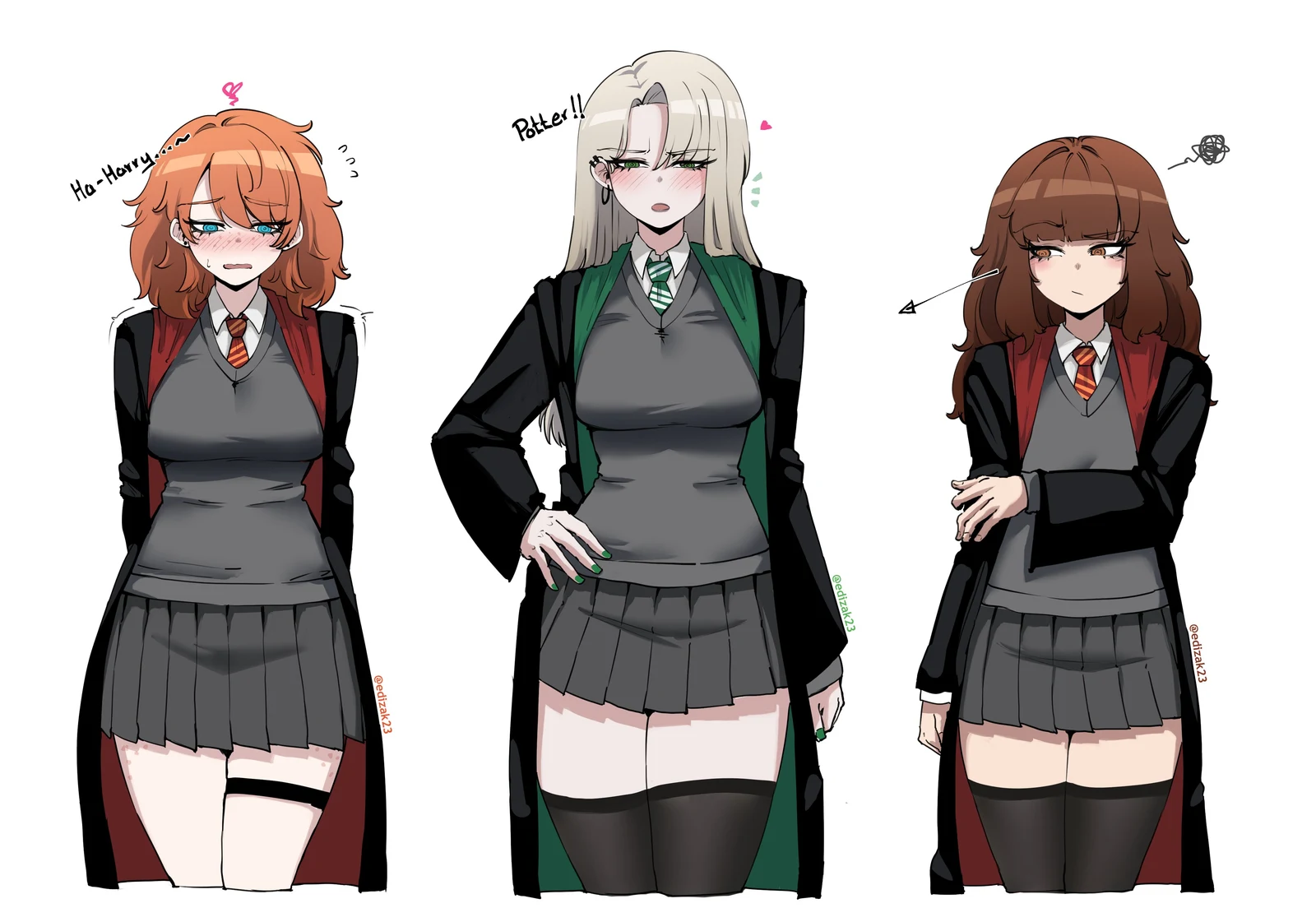 Пост #394: edizak23, harry_potter_(series), wizarding_world, hermione_granger, malfoid, ron_weasley, 3girls, black_robe, black_thighhighs, blonde_hair, blue_eyes, blush, breast_conscious, breast_envy, breasts