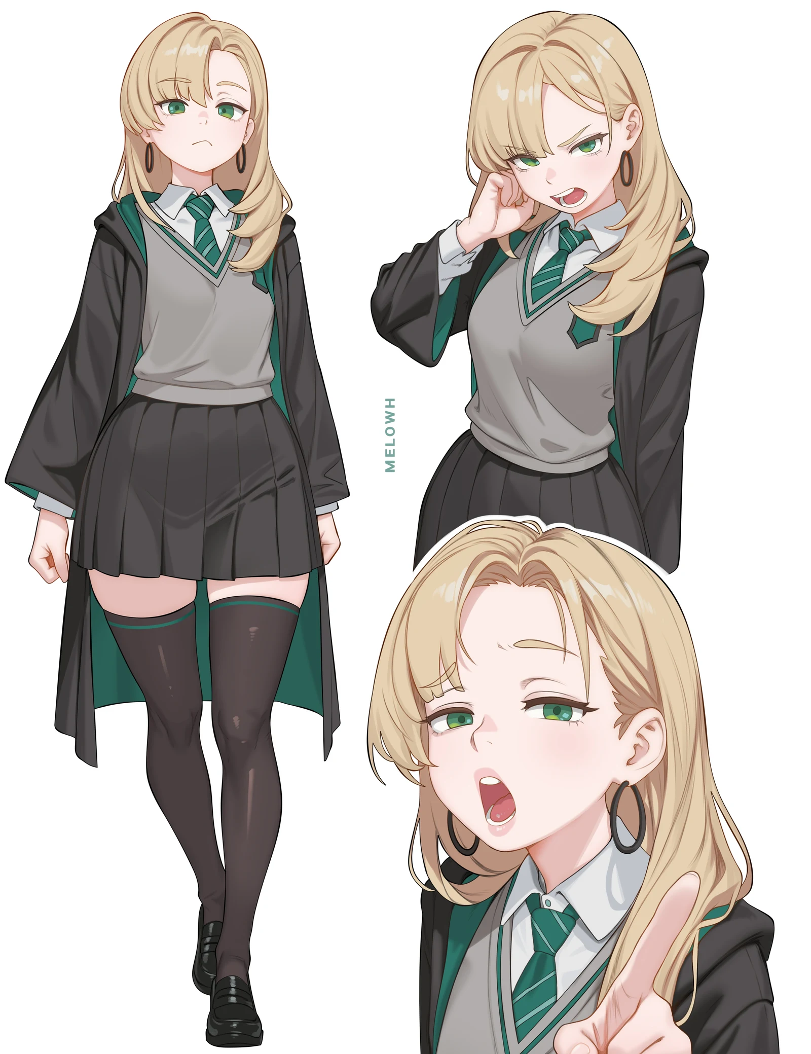 Пост #835: melowh, harry_potter_(series), wizarding_world, malfoid, 1girl, artist_name, black_skirt, blonde_hair, breasts, collared_shirt, diagonal-striped_clothes, diagonal-striped_necktie, earrings, genderswap, genderswap_(mtf)