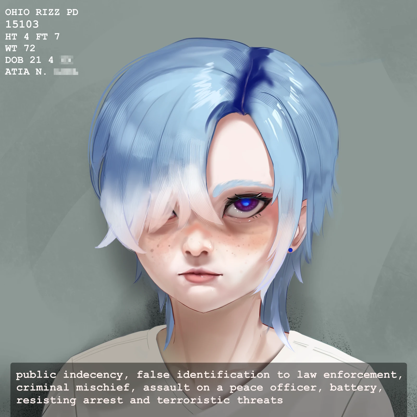 Пост #3736: rancidronin, original, 1girl, blue_hair, blue_pupils, closed_mouth, earrings, english_text, freckles, hair_over_one_eye, jewelry, mugshot, purple_eyes, shirt, short_hair