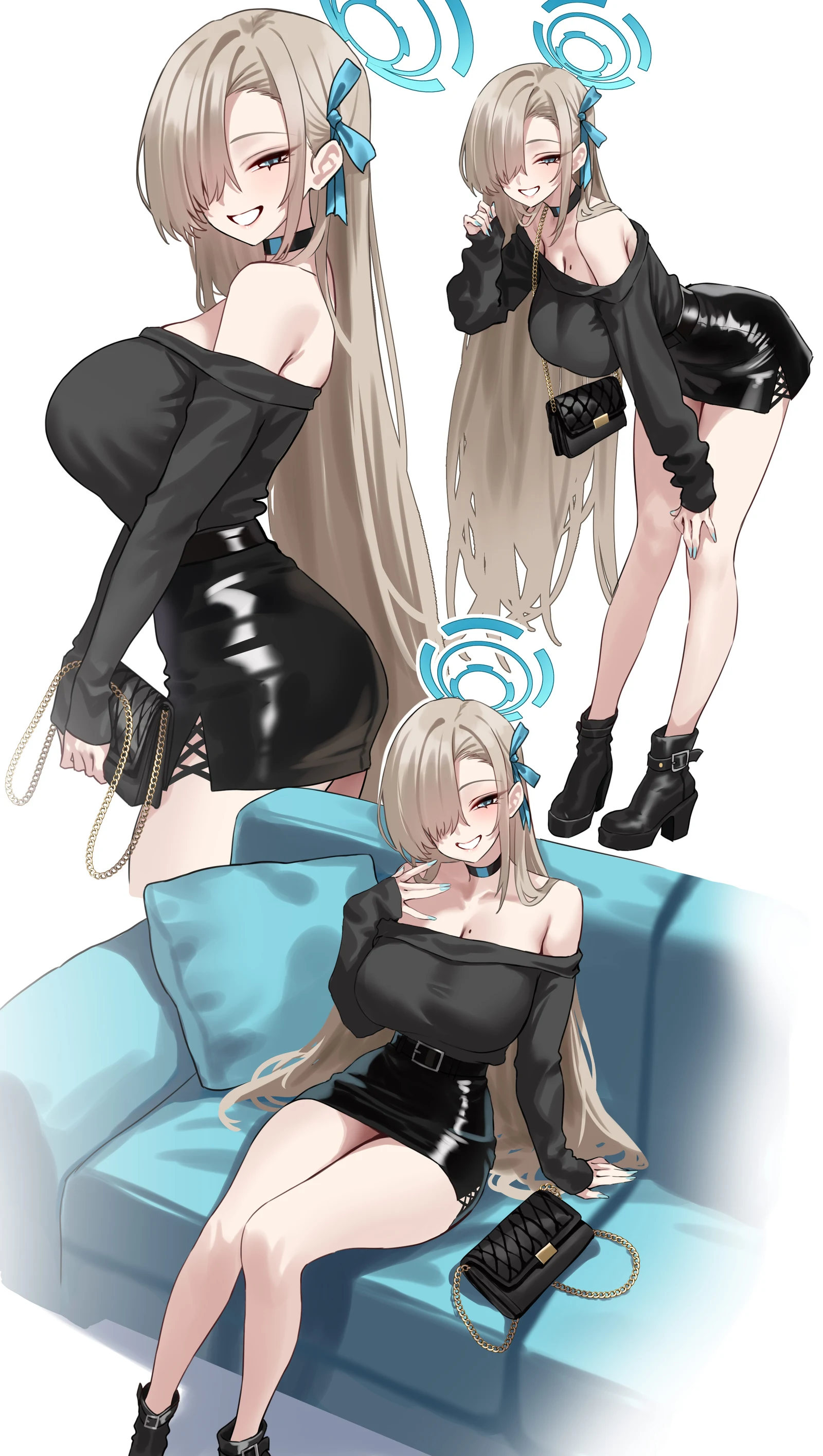 Пост #239: shigure_s, blue_archive, asuna_(blue_archive), 1girl, alternate_costume, ankle_boots, aqua_halo, bag, bare_shoulders, bent_over, black_bag, black_boots, black_choker, black_skirt, black_sweater