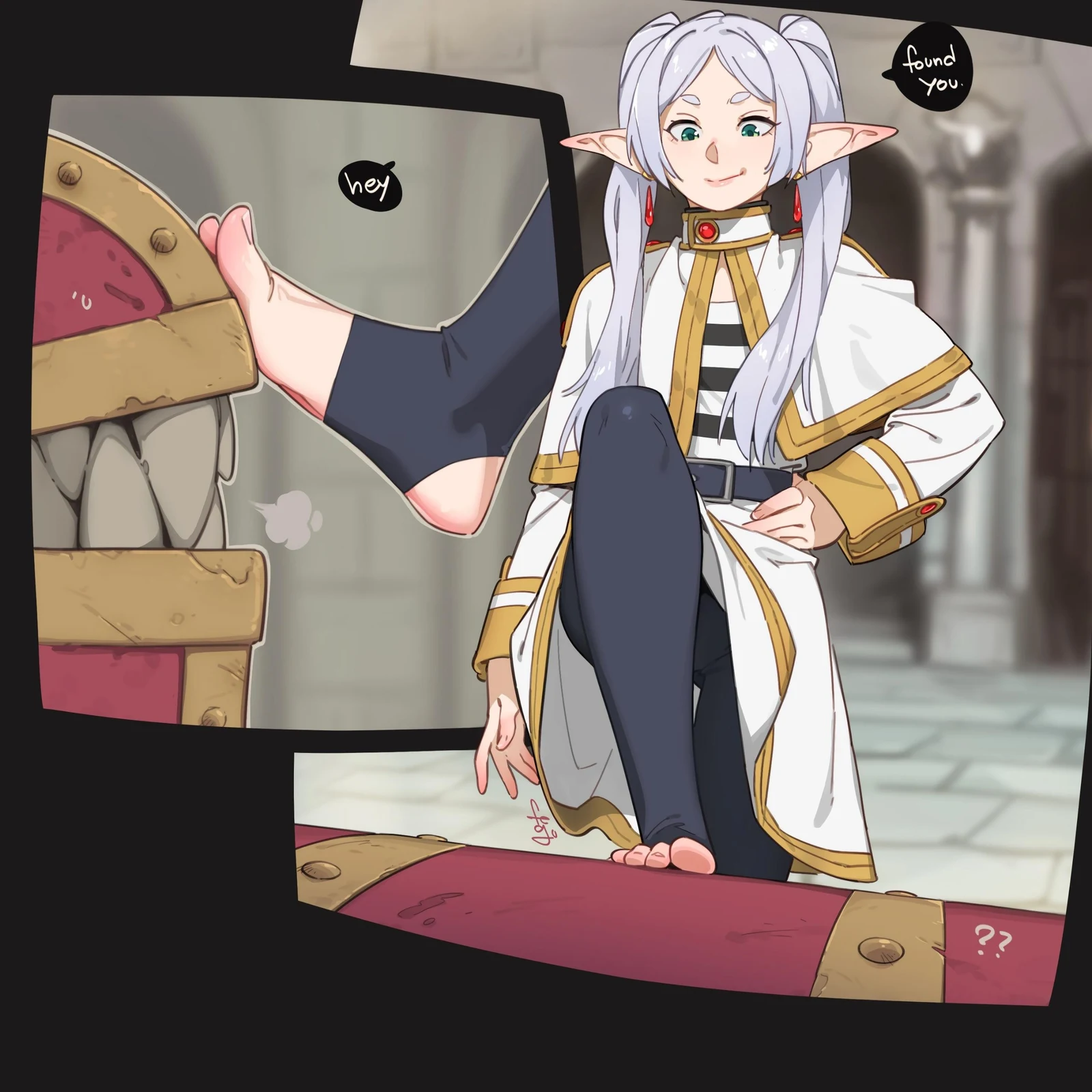 Пост #2028: frieren, 1girl, belt, black_pantyhose, capelet, earrings, elf, english_text, feet, foot_focus, gold_trim, green_eyes, hand_on_own_hip, jewelry, long_hair
