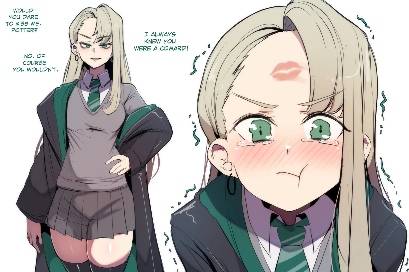 Пост #1171: hinghoi, harry_potter_(series), wizarding_world, malfoid, 1girl, black_thighhighs, blonde_hair, blush, breasts, closed_mouth, curtained_hair, earrings, english_text, genderswap, genderswap_(mtf)