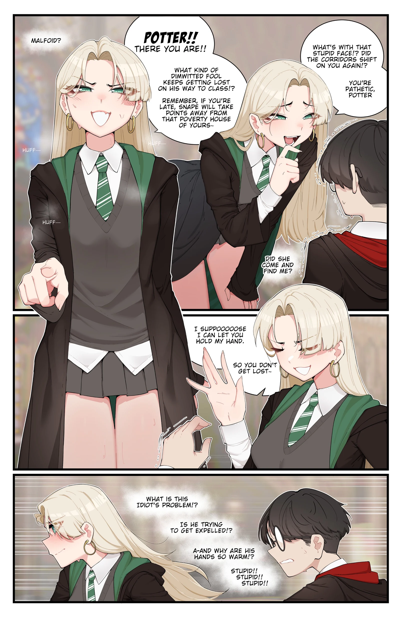 Пост #1045: luxu, harry_potter_(series), wizarding_world, harry_potter, malfoid, 1boy, 1girl, 2koma, black_robe, blonde_hair, blush, comic, curtained_hair, diagonal-striped_clothes, diagonal-striped_necktie