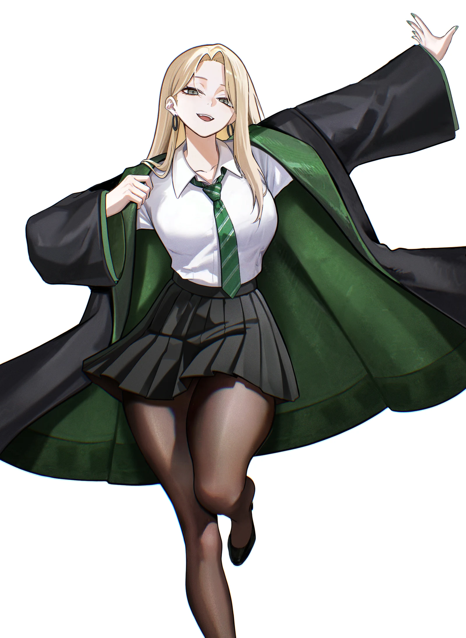 Пост #728: nervi_fd, harry_potter_(series), wizarding_world, malfoid, 1girl, blonde_hair, breasts, collared_shirt, earrings, feet_out_of_frame, full_body, genderswap, genderswap_(mtf), green_eyes, green_necktie