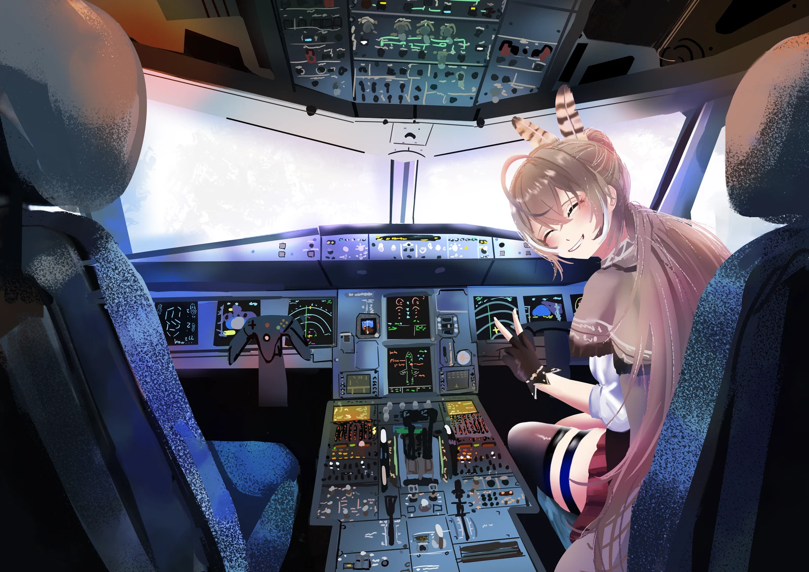 Пост #3807: rancidronin, hololive, hololive_english, nanashi_mumei, nanashi_mumei_(1st_costume), :d, ^_^, 1girl, 9/11, ahoge, airplane_interior, brown_gloves, brown_hair, brown_shawl, brown_socks