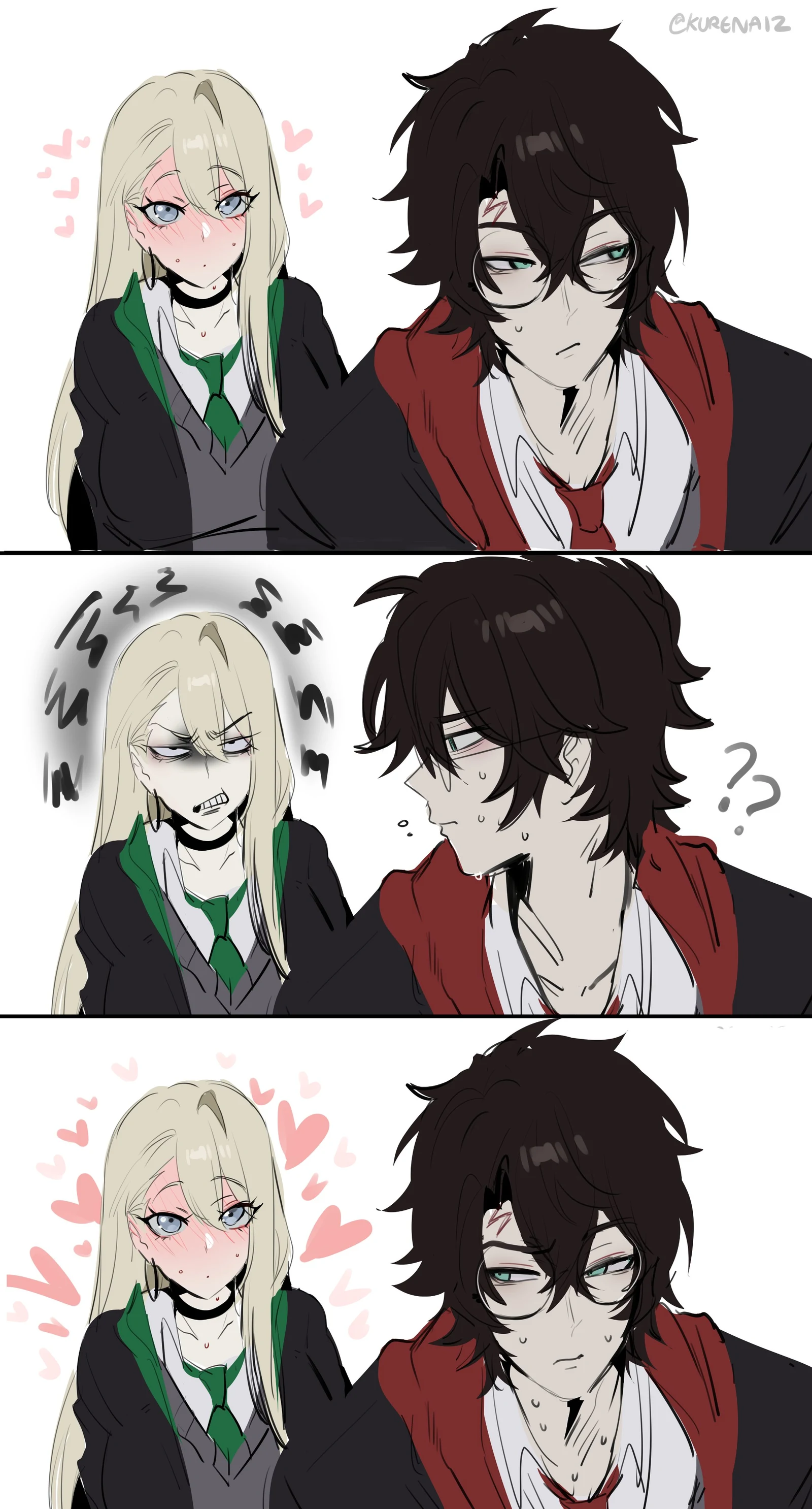 Пост #400: kurenaiz_(kuayrenaiz), harry_potter_(series), wizarding_world, harry_potter, malfoid, 1boy, 1girl, black_hair, black_robe, blush, breasts, diagonal-striped_clothes, diagonal-striped_necktie, earrings, genderswap