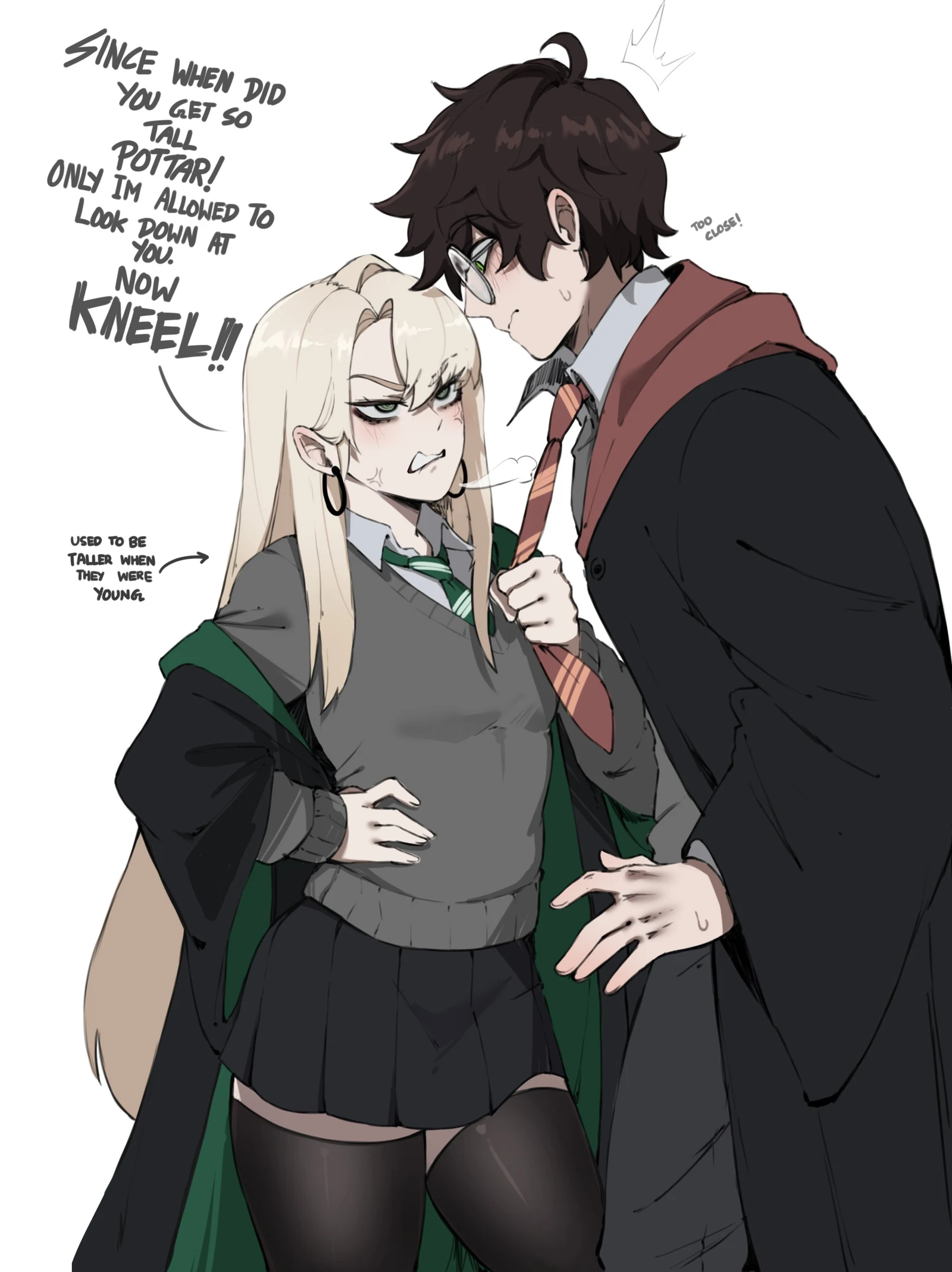 Пост #1156: masoq, harry_potter_(series), wizarding_world, harry_potter, malfoid, 1boy, 1girl, anger_vein, angry, angry_blush, animification, black_cloak, black_hair, black_skirt, black_thighhighs