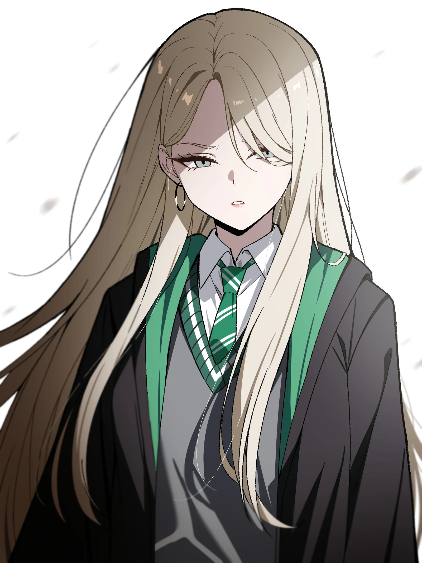 Пост #1014: reia_76, harry_potter_(series), wizarding_world, malfoid, 1girl, blonde_hair, diagonal-striped_clothes, diagonal-striped_necktie, earrings, genderswap, genderswap_(mtf), green_necktie, grey_eyes, grey_sweater_vest, hogwarts_school_uniform