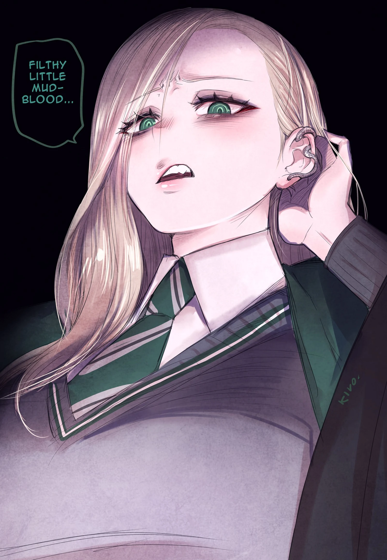 Пост #1259: kivo, harry_potter_(series), wizarding_world, malfoid, 1girl, adjusting_hair, asymmetrical_bangs, blonde_hair, collared_shirt, diagonal-striped_clothes, diagonal-striped_necktie, earrings, english_text, fake_slur, genderswap