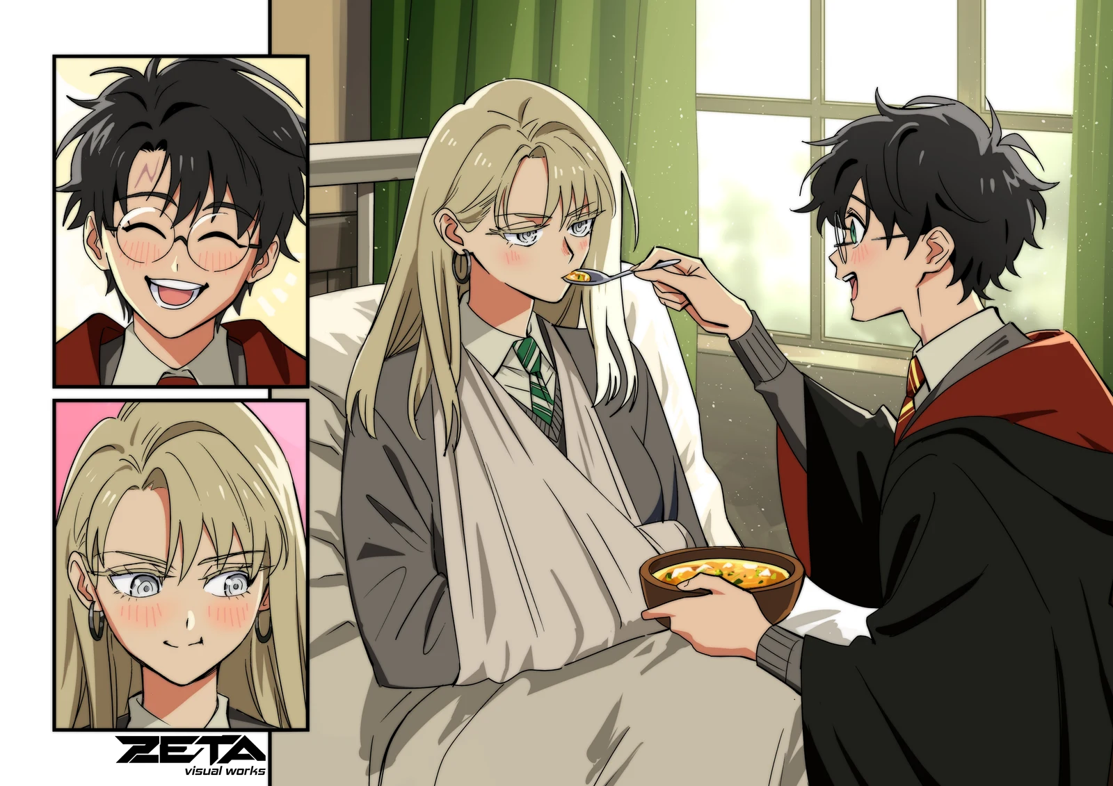 Пост #1227: suteja, harry_potter_(series), wizarding_world, harry_potter, malfoid, 1boy, 1girl, 3koma, animification, bed, black_cloak, black_hair, black_robe, blonde_hair, bowl