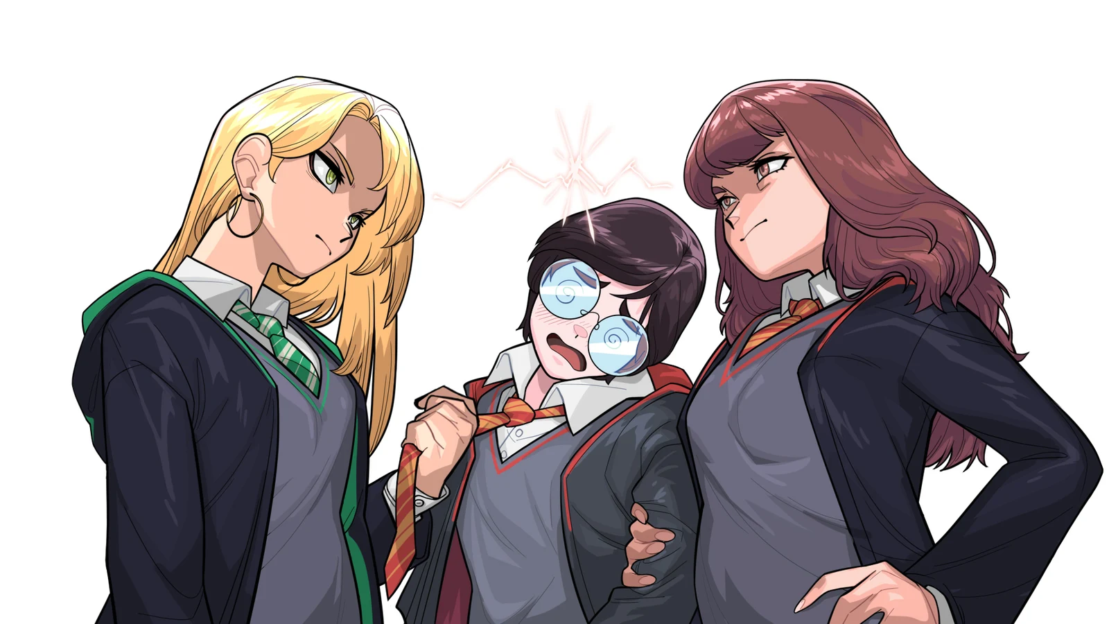 Пост #1477: spaz14, harry_potter_(series), wizarding_world, harry_potter, hermione_granger, malfoid, @_@, 1boy, 2girls, black_cloak, black_hair, blonde_hair, blunt_bangs, brown_eyes, brown_hair