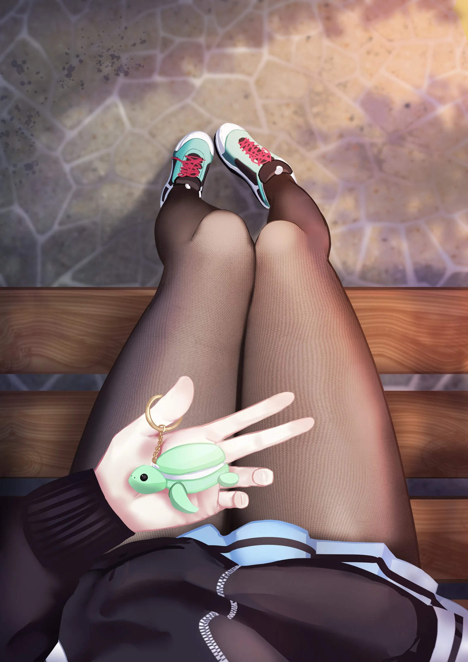 Пост #3811: rancidronin, blue_archive, kazusa_(blue_archive), 1girl, animal_charm, aqua_shoes, bench, black_jacket, charm_(object), female_pov, fine_fabric_emphasis, from_above, holding, jacket, pantyhose