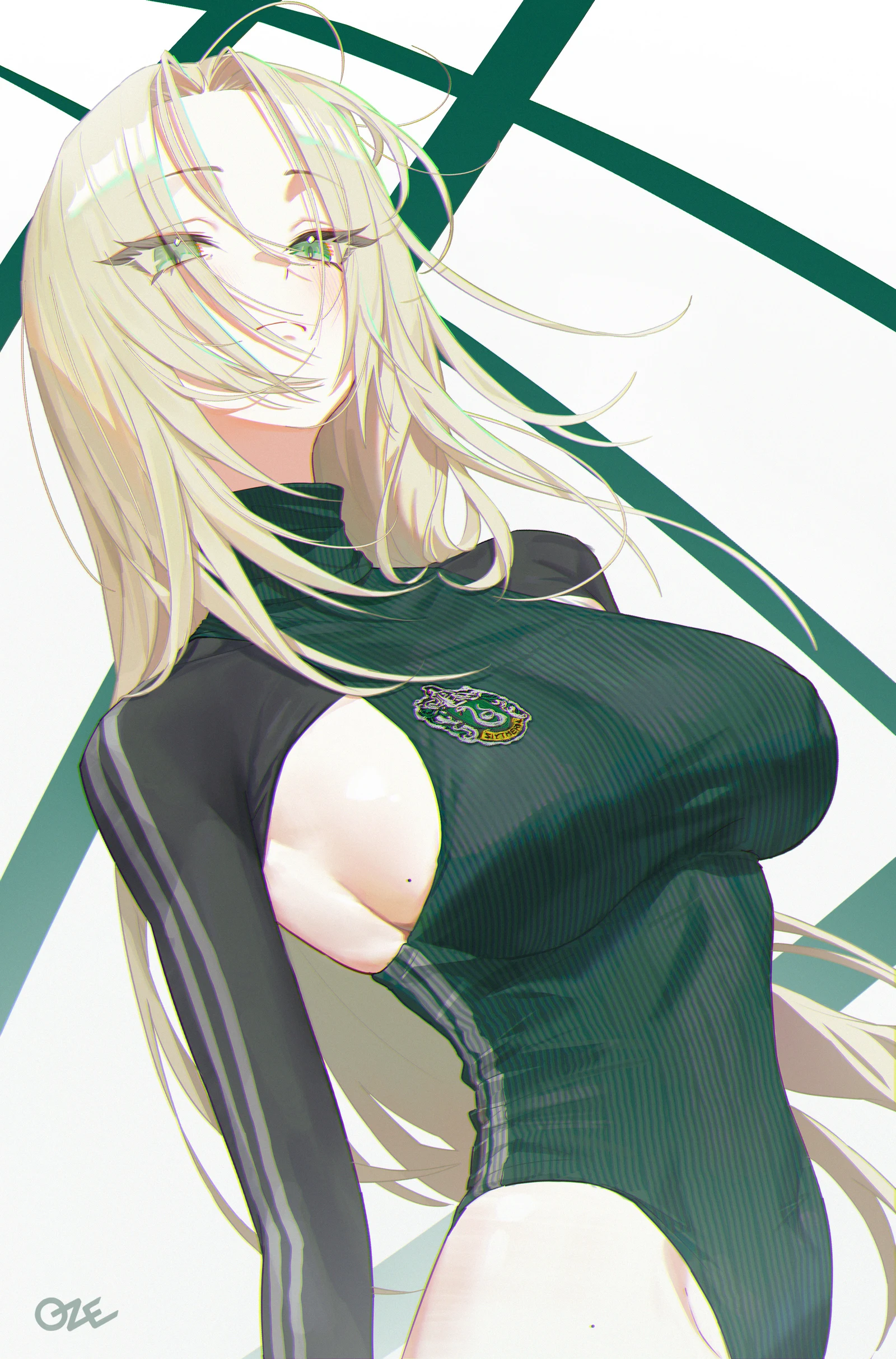 Пост #161: ozeo0510, harry_potter_(series), wizarding_world, malfoid, 1girl, alternate_costume, artist_name, blonde_hair, blush, breasts, closed_mouth, covered_navel, genderswap, genderswap_(mtf), green_eyes