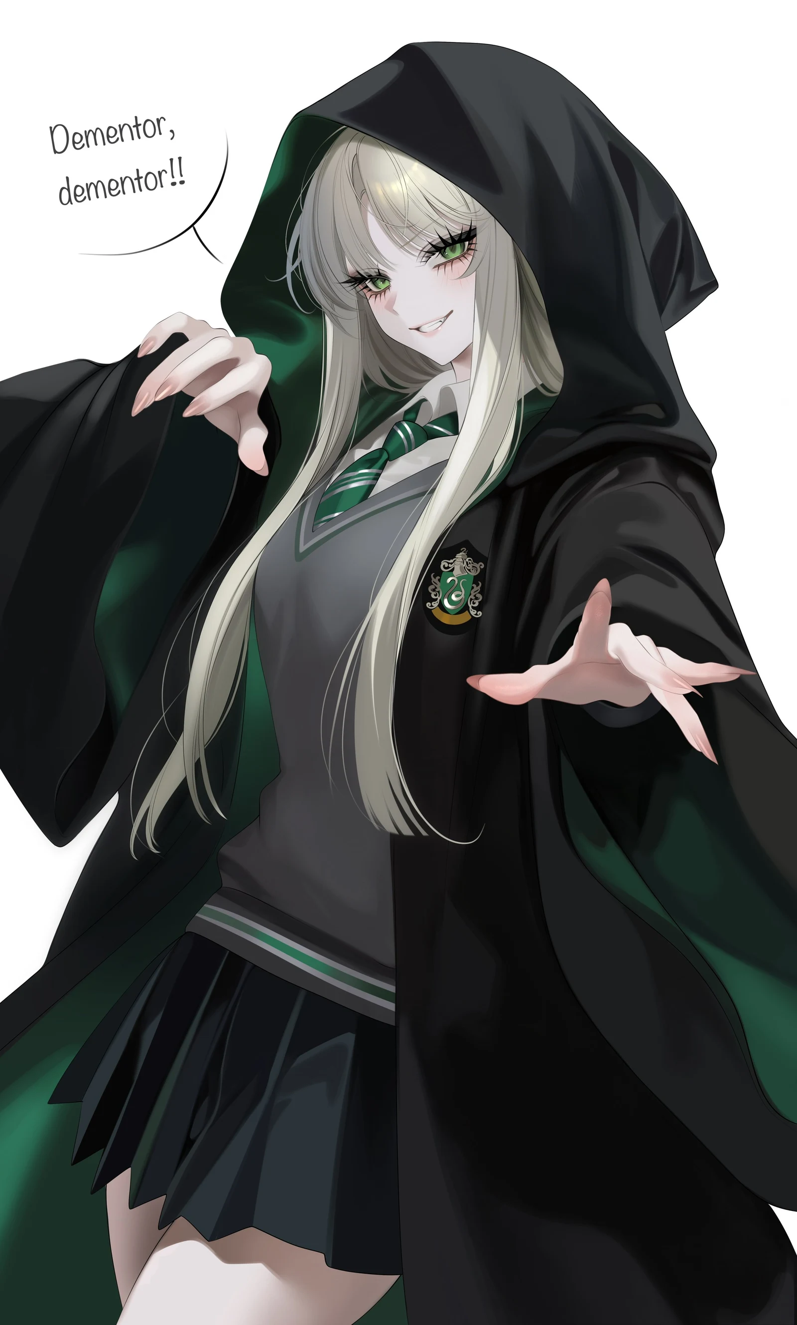 Пост #922: arisuwu, harry_potter_(series), wizarding_world, malfoid, 1girl, black_robe, black_skirt, blonde_hair, breasts, collared_shirt, crest, cropped_legs, diagonal-striped_clothes, diagonal-striped_necktie, english_text