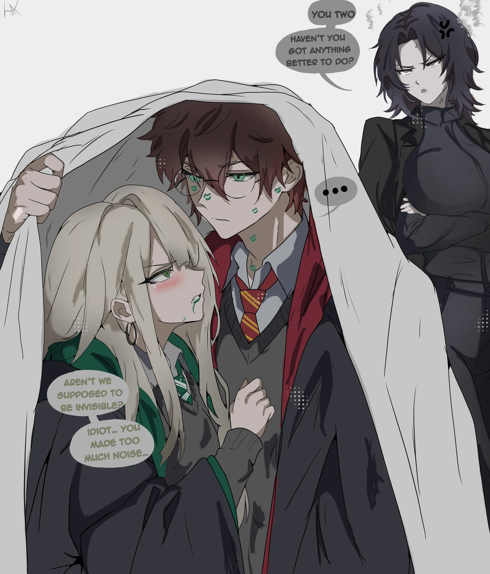 Пост #795: laizent_art, harry_potter_(series), wizarding_world, harry_potter, malfoid, severus_snape, severus_snape_(redteneri), 1boy, 2girls, after_kiss, anger_vein, annoyed, black_cape, black_hair, black_jacket