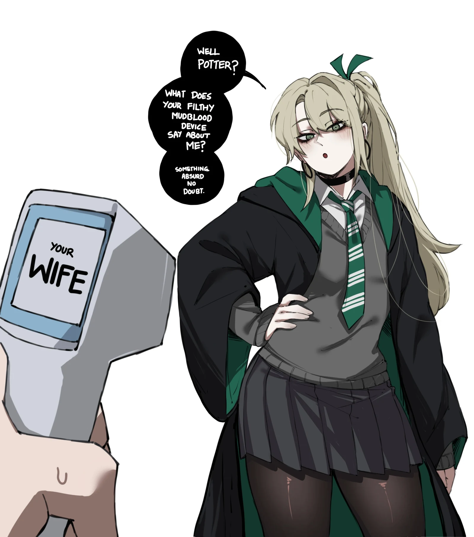 Пост #204: masoq, harry_potter_(series), wizarding_world, harry_potter, malfoid, 1boy, 1girl, alternate_hairstyle, black_cloak, black_pantyhose, black_skirt, blonde_hair, cat_detector_(meme), cloak, diagonal-striped_clothes