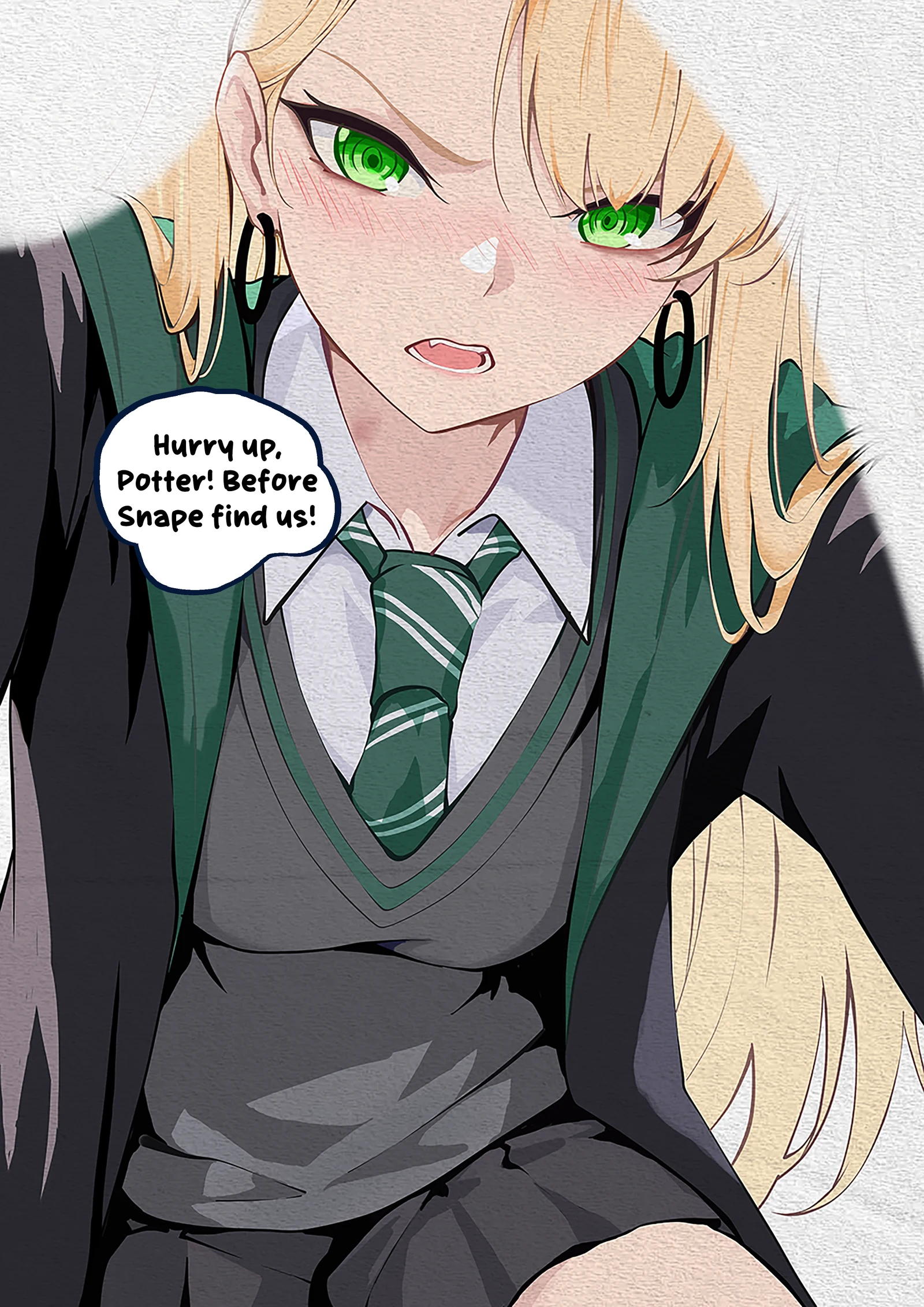 Пост #817: nokku_(ren_nokku), harry_potter_(series), wizarding_world, malfoid, 1girl, black_robe, black_skirt, blonde_hair, blush, breasts, cloak, close-up, collared_shirt, diagonal-striped_clothes, diagonal-striped_necktie