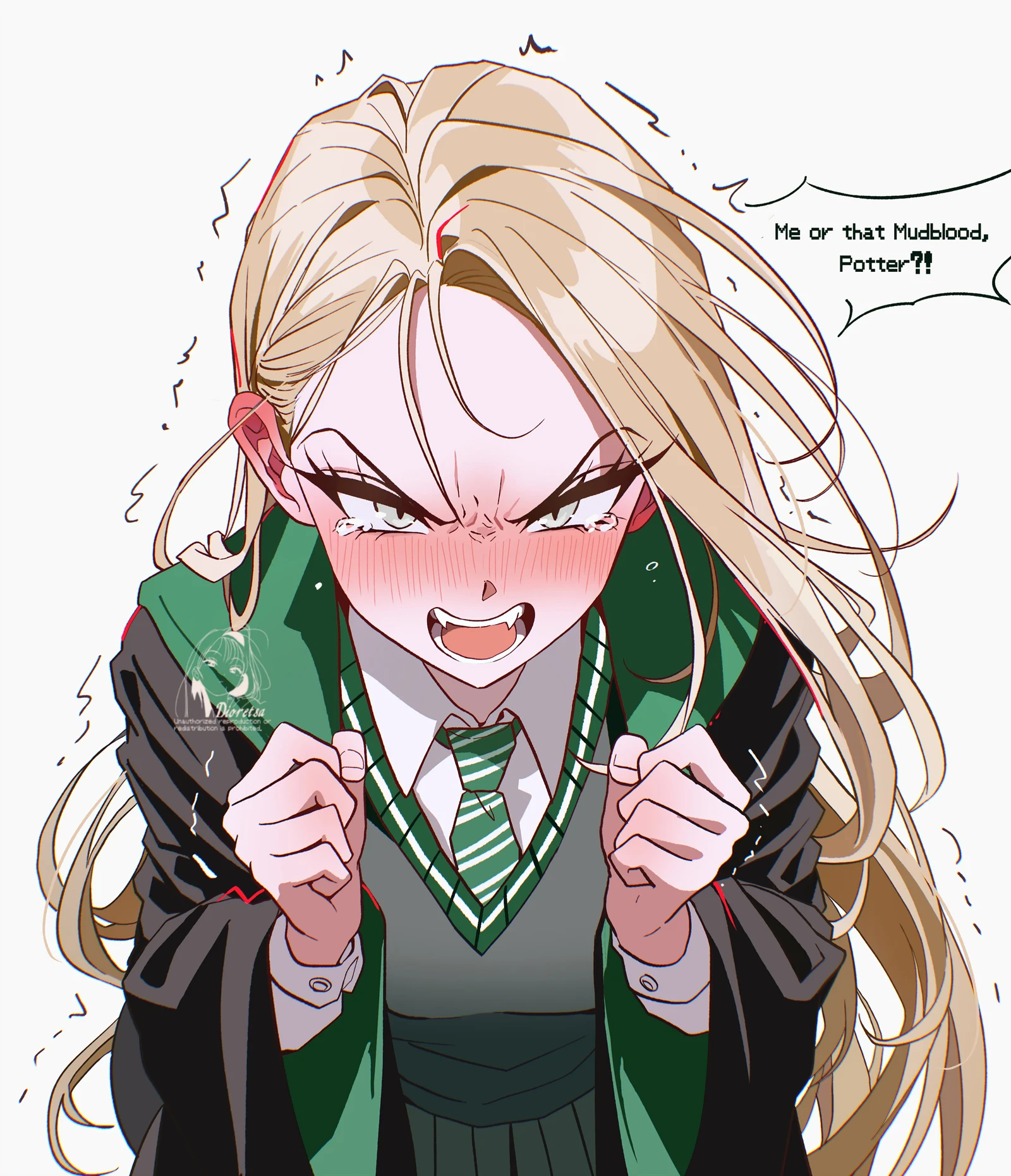 Пост #1153: dixretsa, harry_potter_(series), wizarding_world, malfoid, 1girl, black_coat, black_shirt, blonde_hair, blush, breasts, coat, collared_shirt, curtained_hair, diagonal-striped_clothes, diagonal-striped_necktie