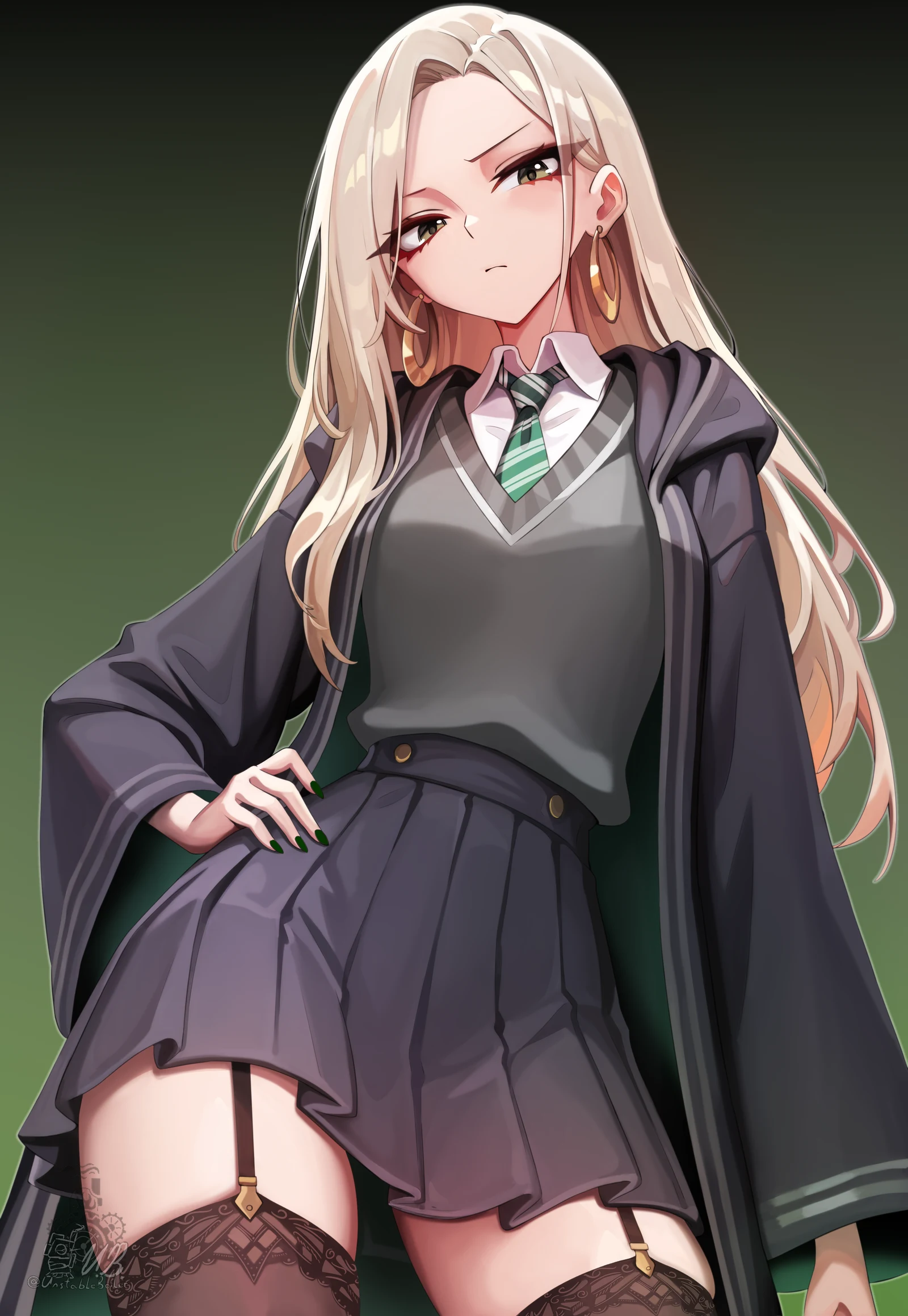 Пост #733: unstableboiler, harry_potter_(series), wizarding_world, malfoid, 1girl, black_robe, black_skirt, black_thighhighs, blonde_hair, breasts, cardigan, diagonal-striped_clothes, earrings, genderswap, genderswap_(mtf)