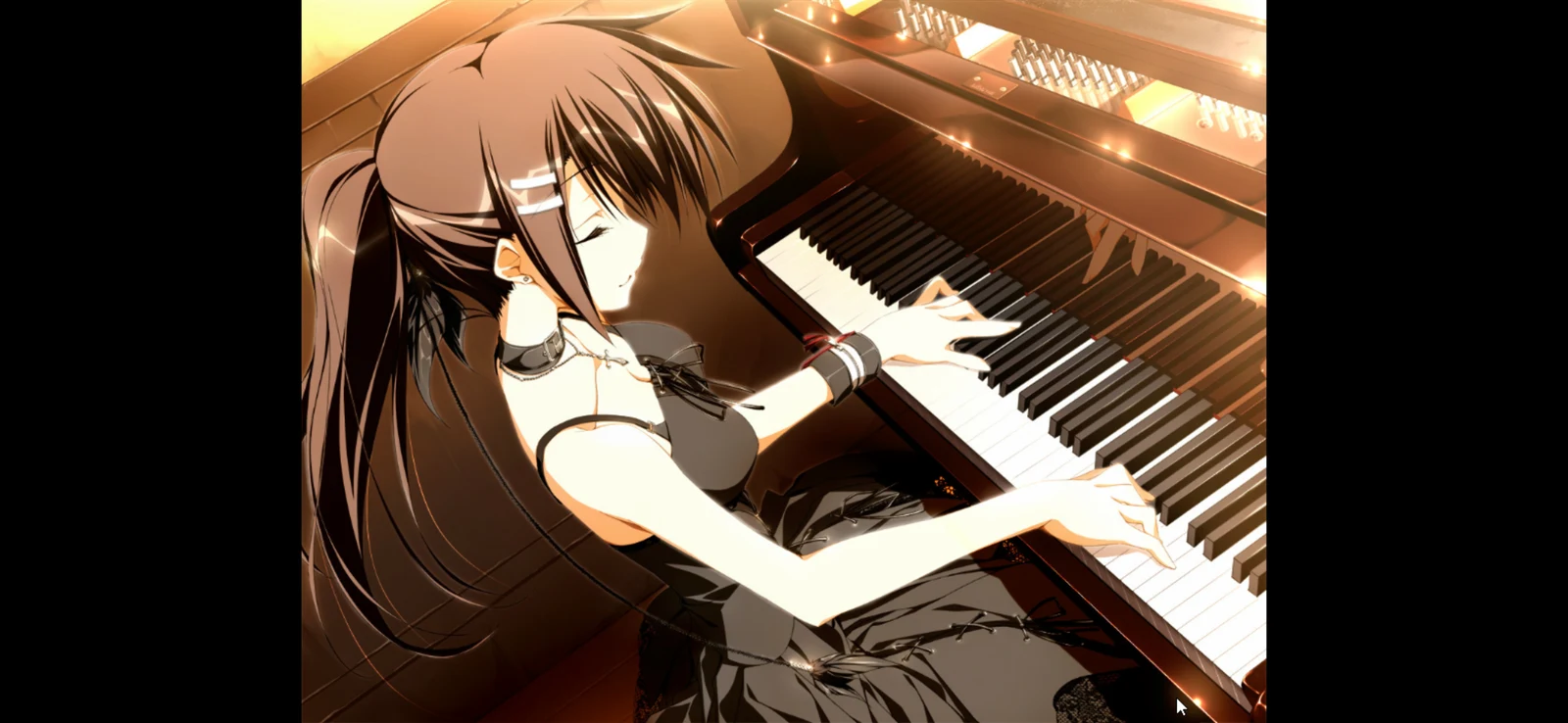 Пост #1907: @nitroplus, @steins;gate, anime_style, bare_shoulders, black_dress, brown_hair, cg, choker, closed_eyes, collar, cross_necklace, earrings, hair_ornament, hairclip, indoors