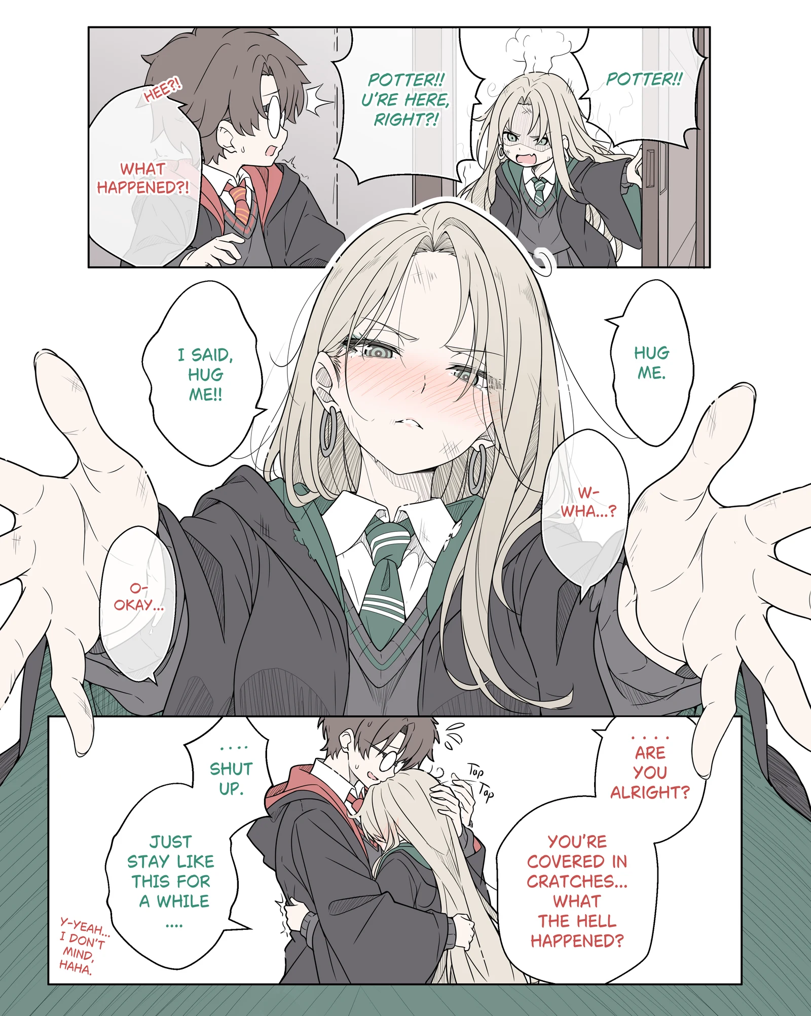 Пост #630: t1kosewad, harry_potter_(series), wizarding_world, harry_potter, malfoid, 1boy, 1girl, 3koma, angry, black_robe, blonde_hair, blush, brown_hair, comic, couple