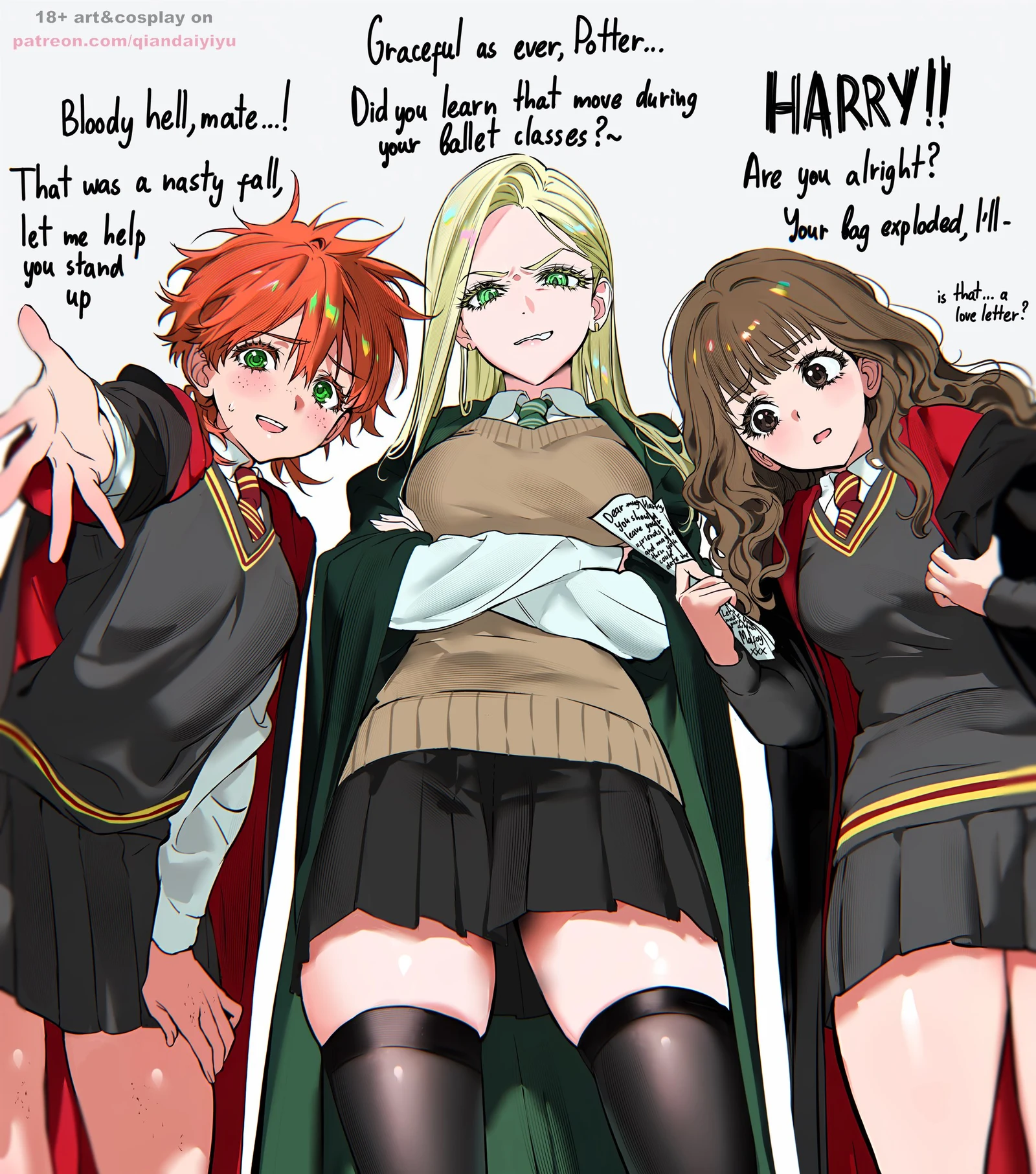 Пост #948: qiandaiyiyu, harry_potter_(series), wizarding_world, hermione_granger, malfoid, ron_weasley, 3girls, black_jacket, black_skirt, black_thighhighs, blonde_hair, body_freckles, breasts, brown_hair, brown_sweater_vest