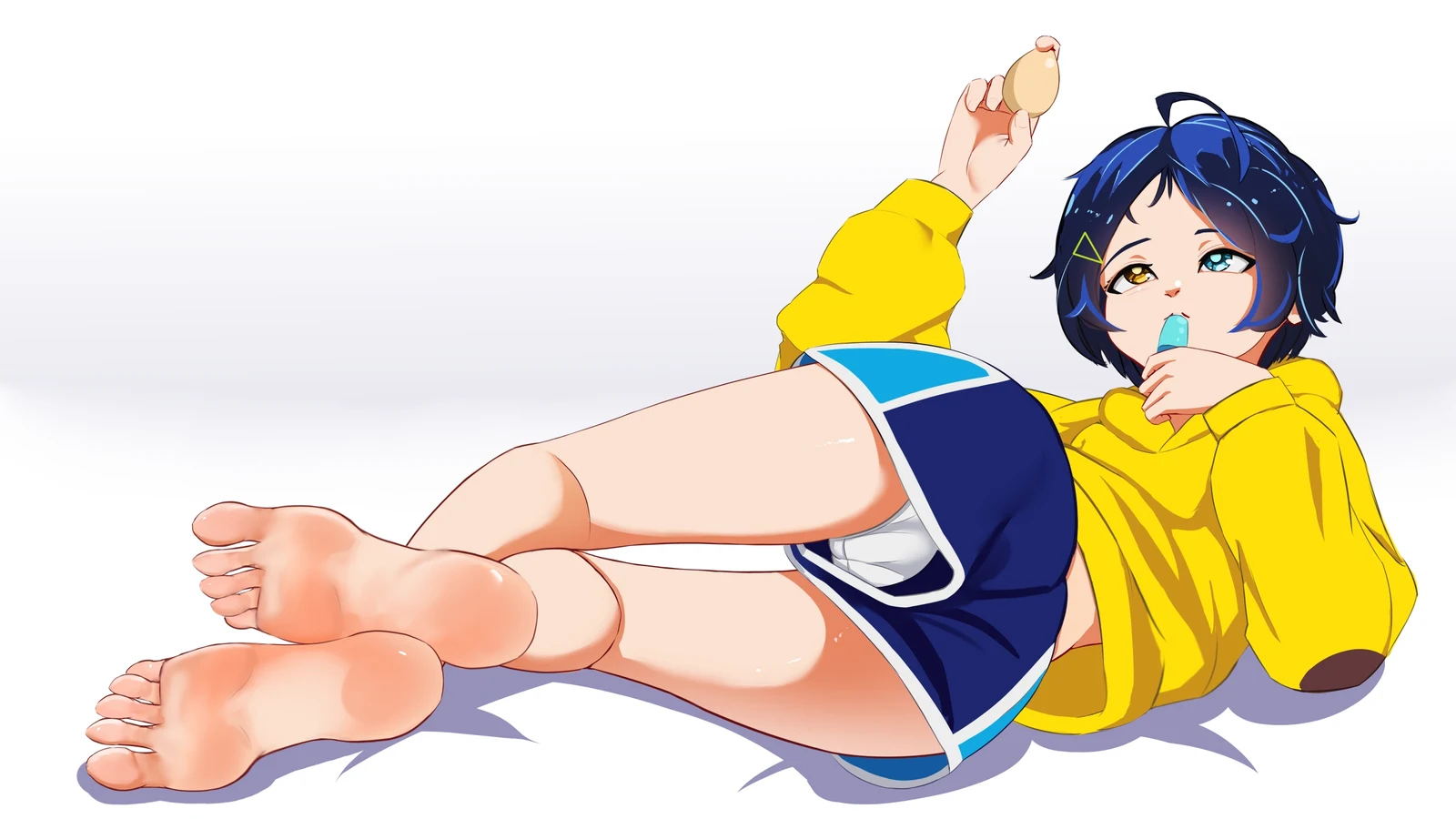 Пост #3759: rancidronin, wonder_egg_priority, ooto_ai_(wonder_egg_priority), 1girl, barefoot, blue_eyes, blue_hair, brown_eyes, eating, egg, feet, food, foot_focus, foreshortening, hair_ornament