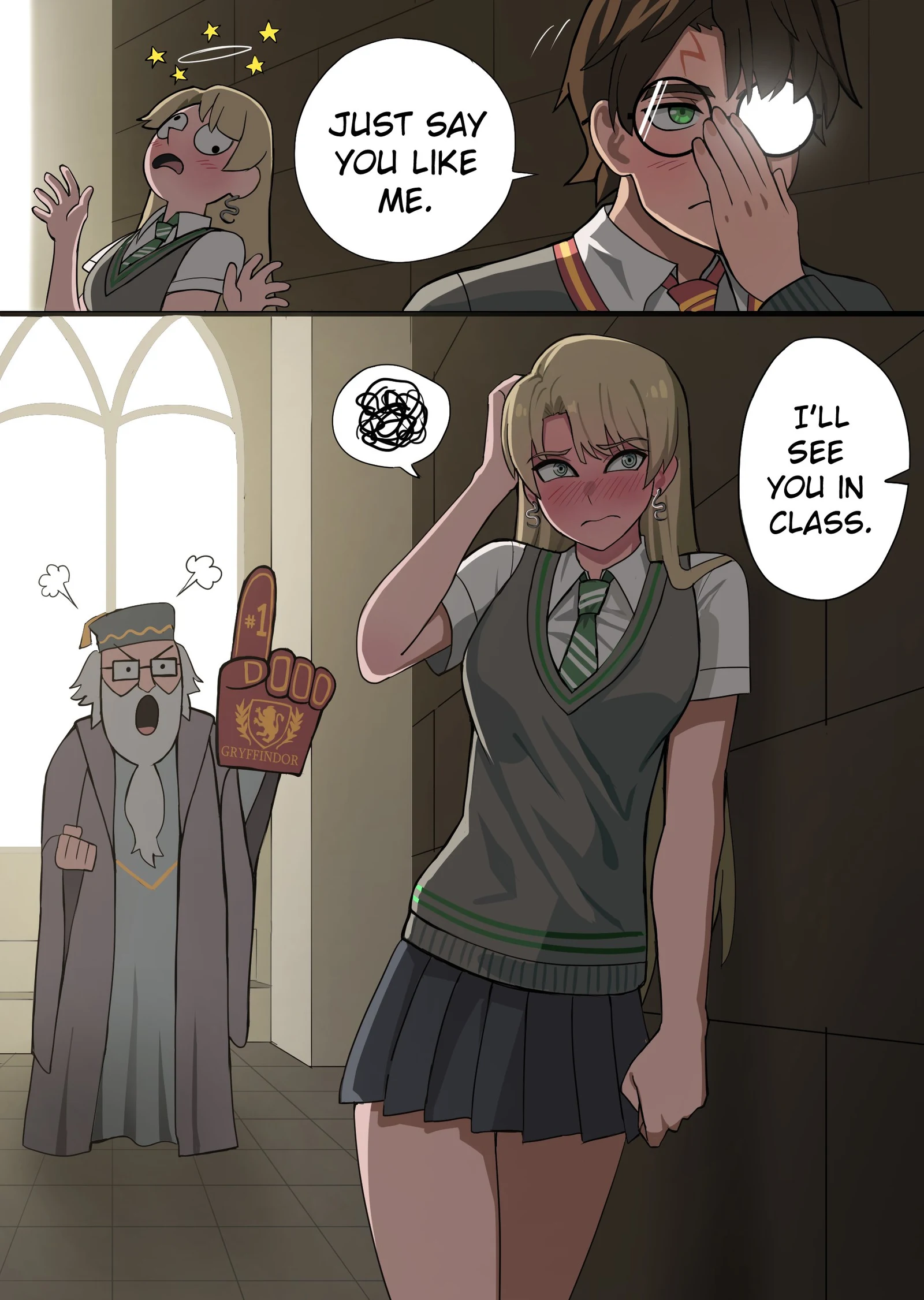 Пост #843: jourd4n, harry_potter_(series), wizarding_world, albus_dumbledore, harry_potter, malfoid, 1girl, 2boys, adjusting_eyewear, blonde_hair, blush, breasts, brown_hair, closed_mouth, dazed