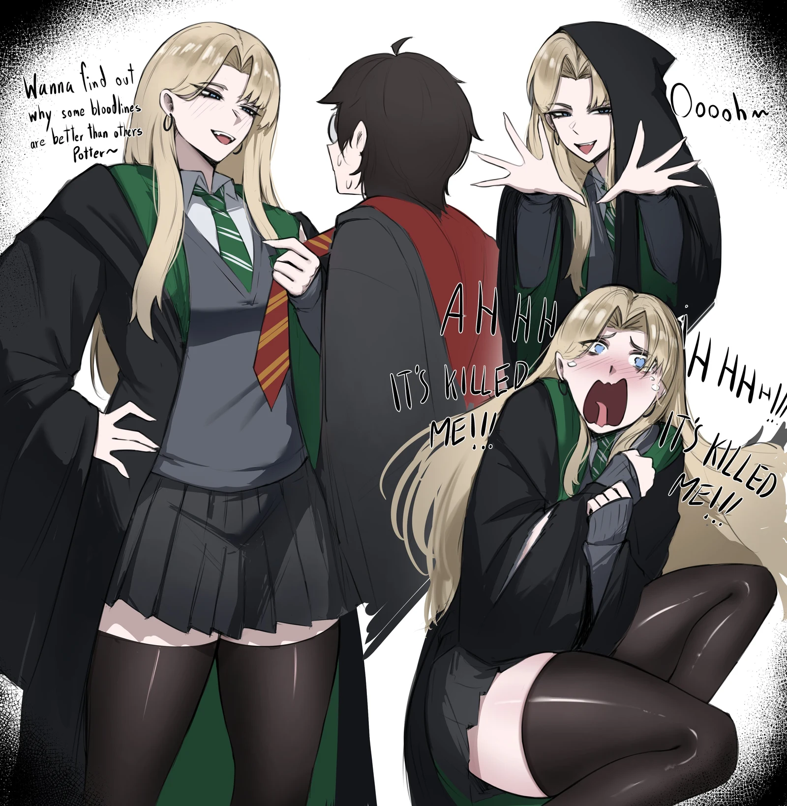 Пост #1031: vanillanight, harry_potter_(series), wizarding_world, harry_potter, malfoid, 1boy, 1girl, black_cloak, black_robe, black_skirt, black_thighhighs, blonde_hair, brown_hair, cloak, collared_shirt