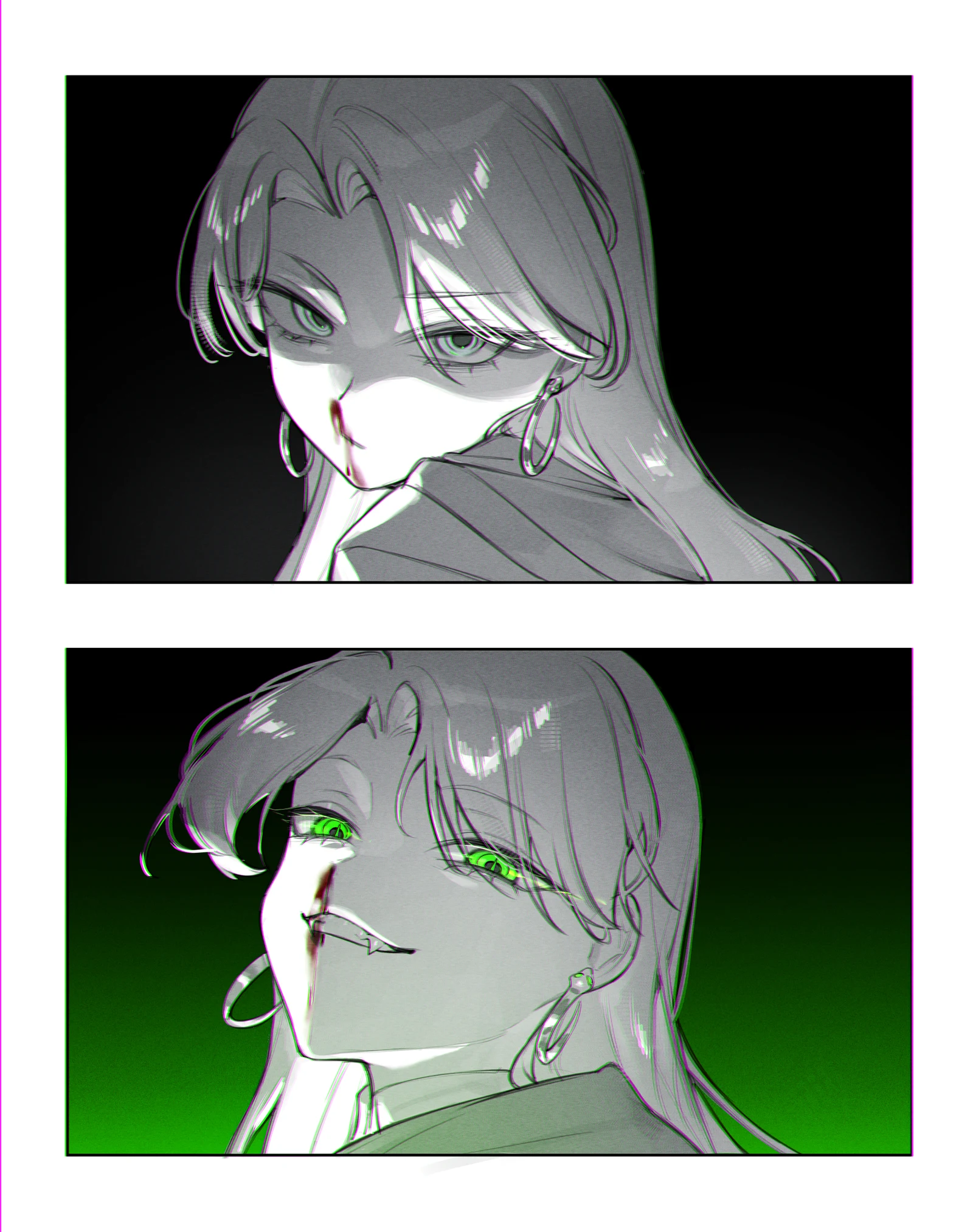 Пост #1361: lost-phews, harry_potter_(series), wizarding_world, malfoid, 1girl, 2koma, black_background, blonde_hair, blood, blood_on_face, cloak, close-up, closed_mouth, comic, curtained_hair
