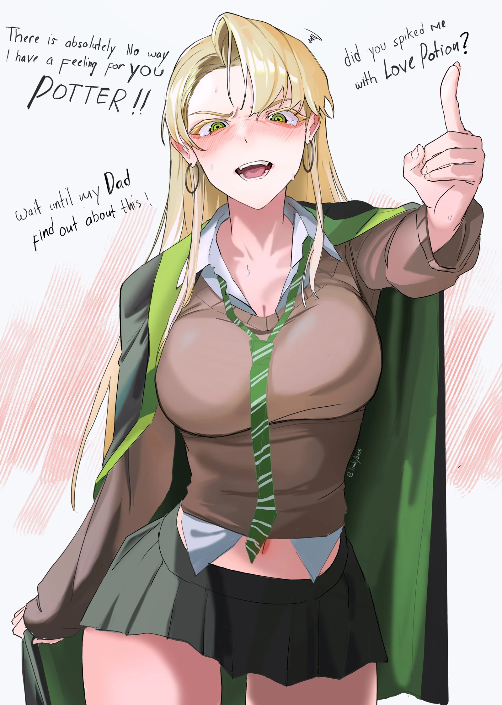 Пост #1027: limky, harry_potter_(series), wizarding_world, malfoid, 1girl, black_cloak, black_robe, black_skirt, blonde_hair, breasts, cloak, colored_eyelashes, curtained_hair, diagonal-striped_clothes, diagonal-striped_necktie