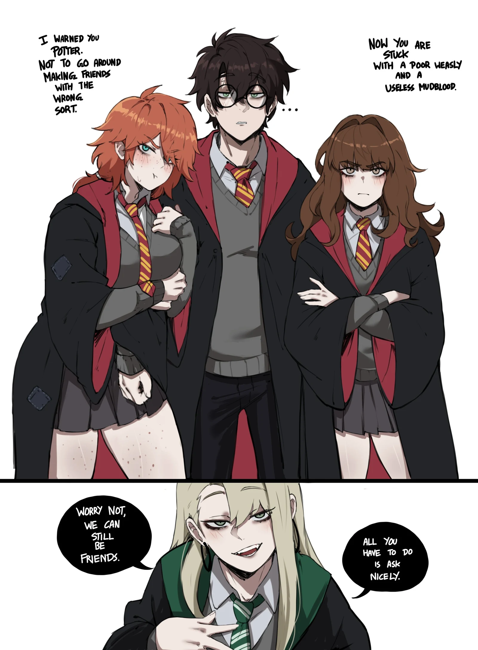 Пост #1056: masoq, harry_potter_(series), wizarding_world, harry_potter, hermione_granger, malfoid, ron_weasley, :t, ..., 1boy, 2koma, 3girls, black_hair, black_pants, black-framed_eyewear
