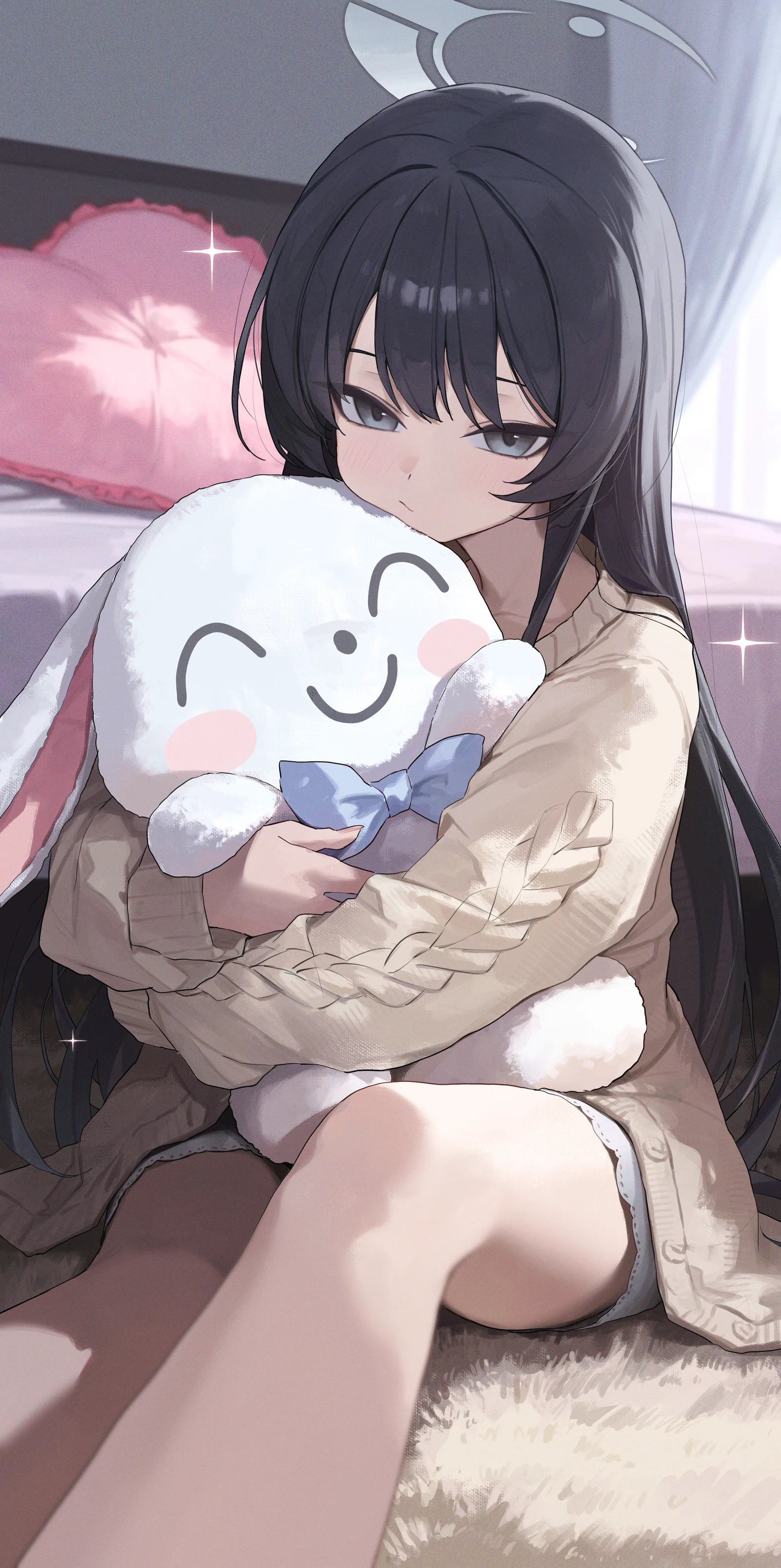 Пост #2702: toi1et_paper, blue_archive, doodle_sensei_(blue_archive), kisaki_(blue_archive), sensei_(blue_archive), 1girl, alternate_costume, bare_legs, bed, black_hair, character_doll, closed_mouth, curtains, doll, feet_out_of_frame